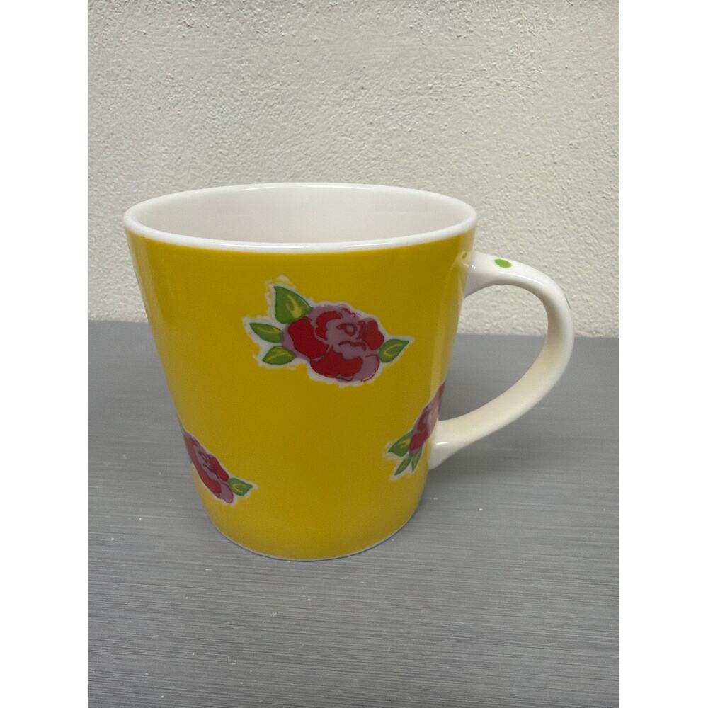 Starbucks Barista 2004 Coffee Mug Yellow With Roses Polka Dot Handle
